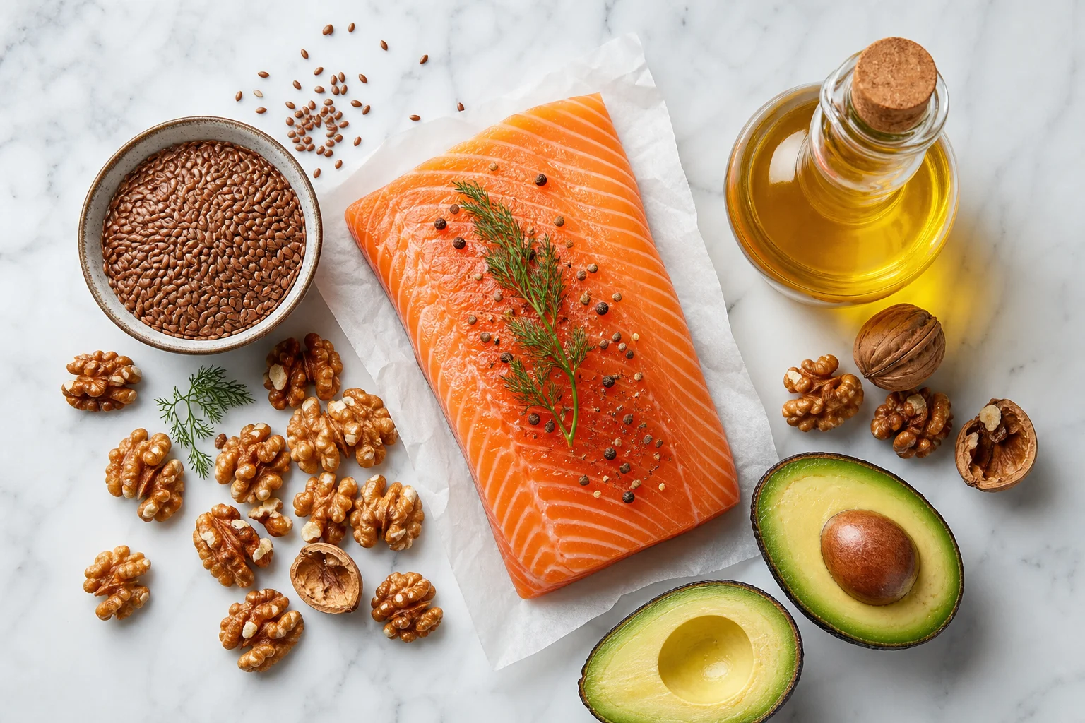 Saumon frais, noix, graines de lin, huile et avocat — aliments riches en oméga 3 pour les sportifs
