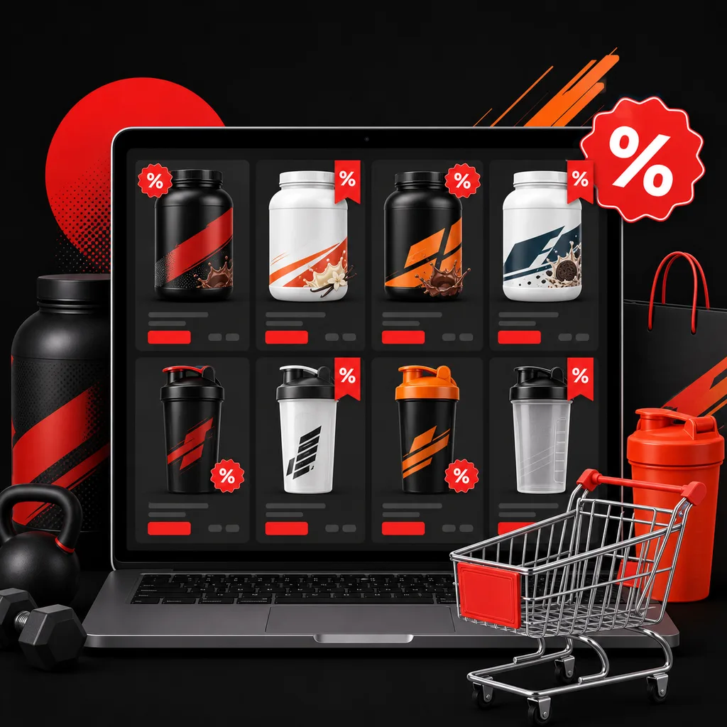 Ordinateur affichant des protéines whey avec étiquettes de réduction Black Friday et badges pourcentage de remise