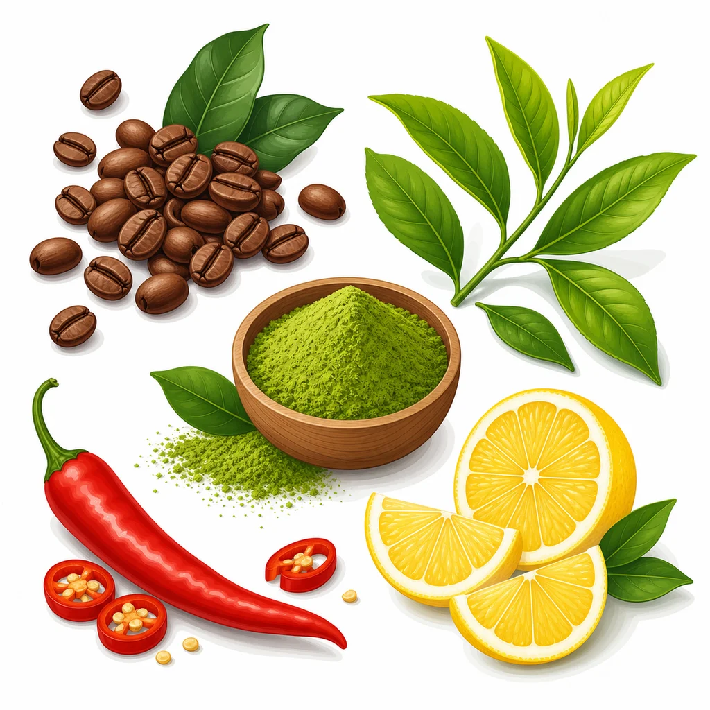 Ingrédients naturels brûleurs de graisse : grains de café, thé vert, piment rouge, citron et matcha disposés sur fond blanc