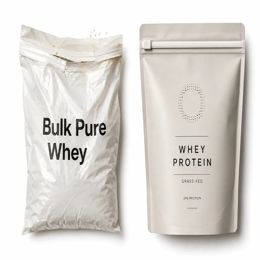 Comparaison packaging Bulk Pure Whey : zip lock défaillant à gauche vs fermeture premium à droite