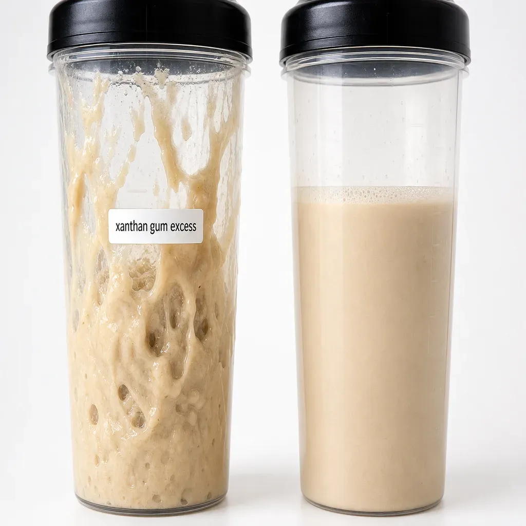 Texture gluante et visqueuse de la Bulk Pure Whey dans un shaker — excès de gomme de xanthane visible