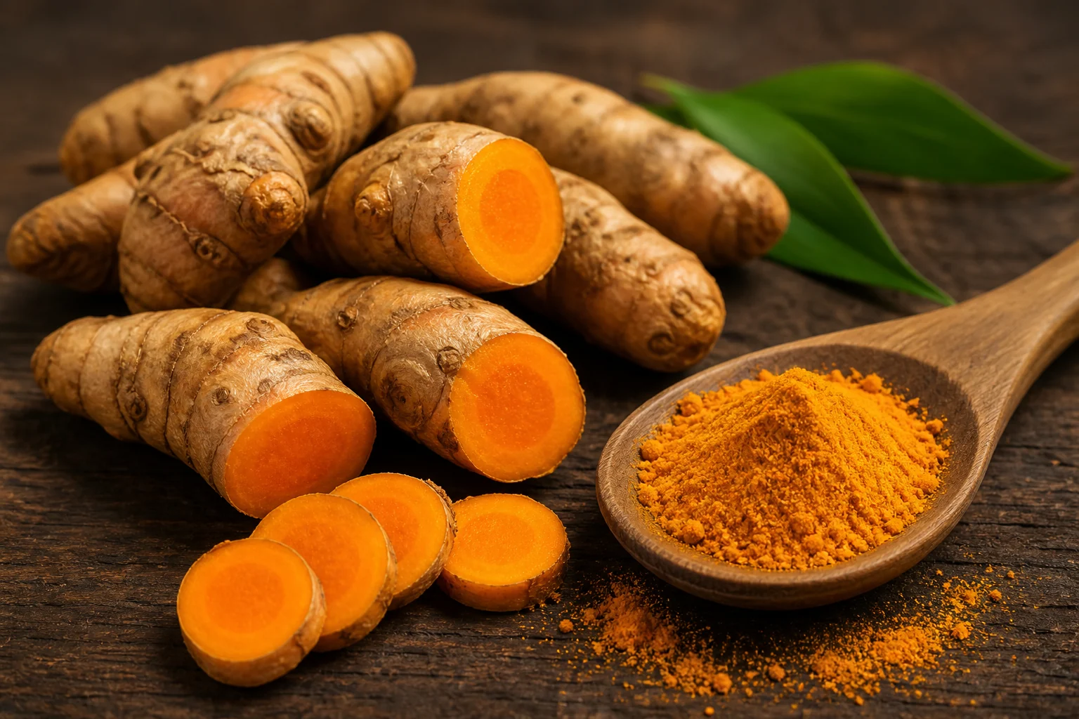 Racines de curcuma fraîches et poudre orange dans une cuillère en bois sur fond sombre