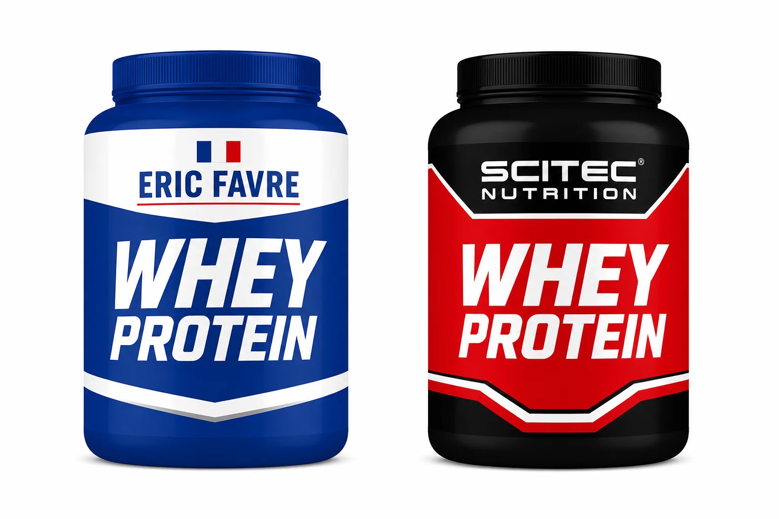 Deux contenants whey face à face : Eric Favre bleu et tricolore français à gauche, Scitec Nutrition rouge et noir à droite