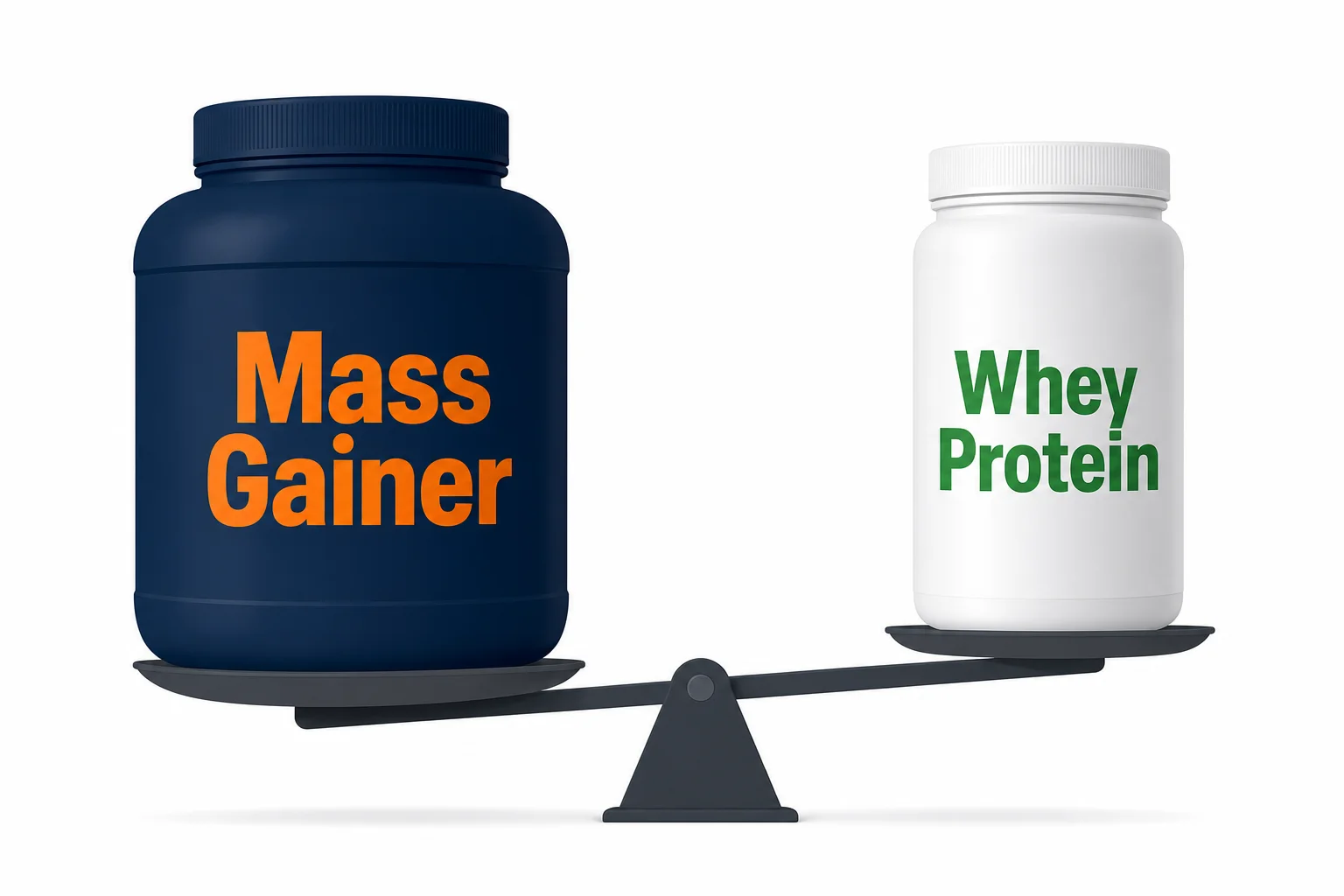 Gainer en tub bleu à gauche contre whey protéine en tub blanc à droite — comparatif pour choisir selon son objectif sportif