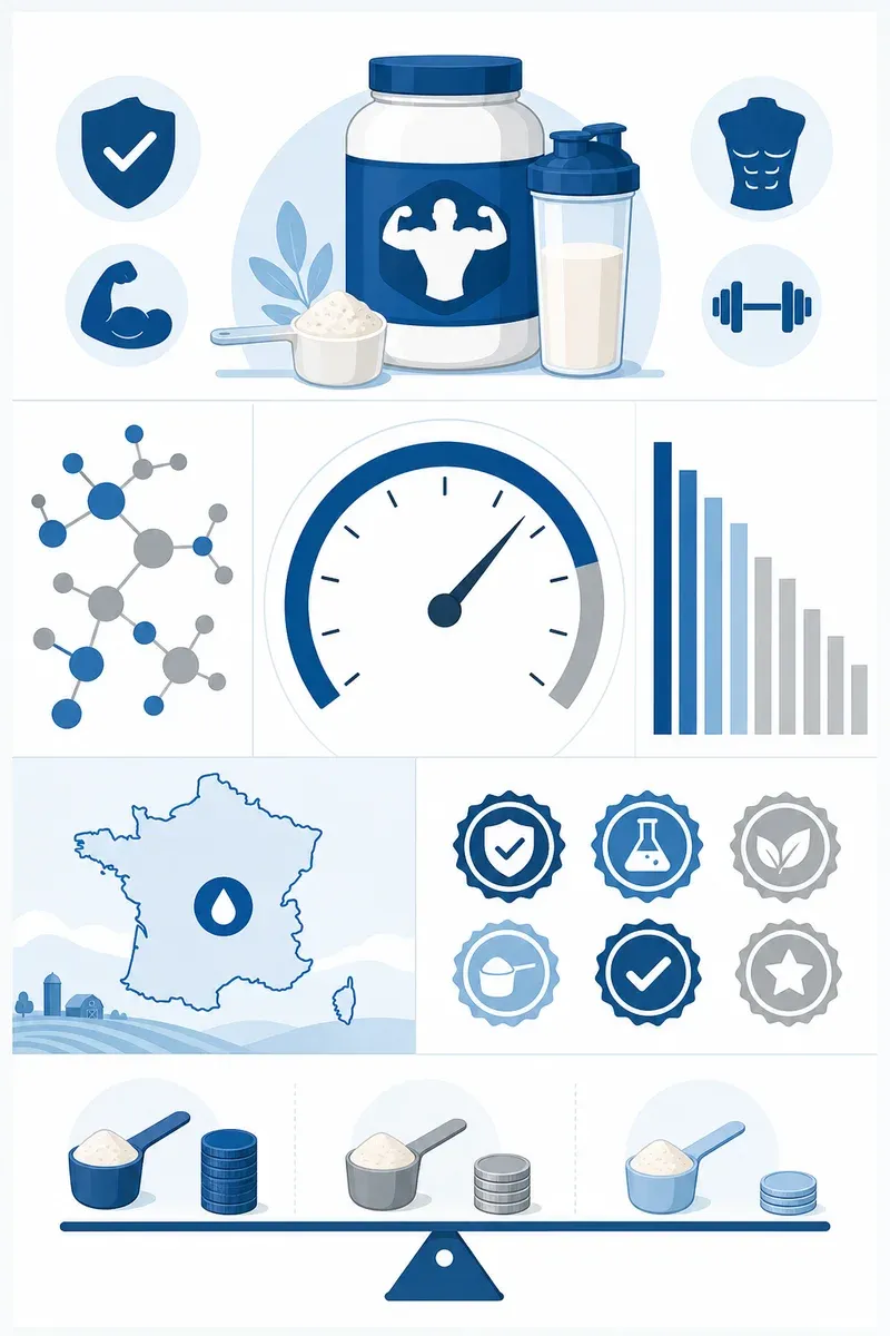 Infographie whey : jauge de performance, carte France pour traçabilité, certifications et balance prix-qualité