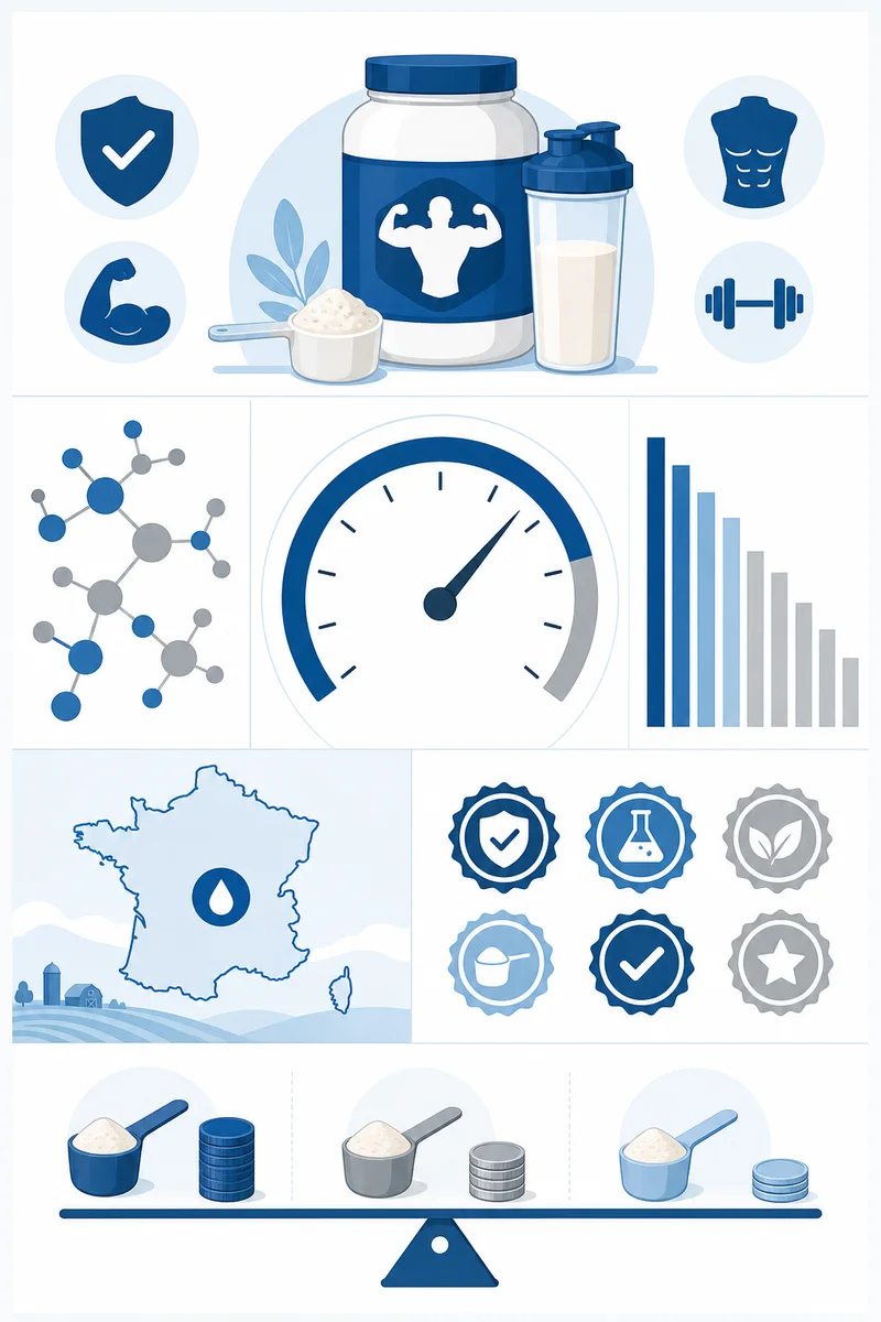 Infographie whey : jauge de performance, carte France pour traçabilité, certifications et balance prix-qualité