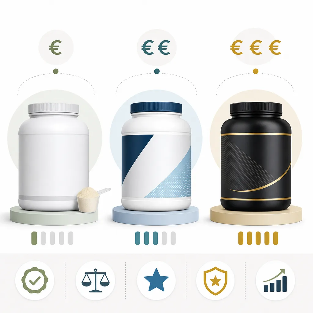 Trois pots de protéines whey côte à côte représentant les gammes de prix économique, milieu de gamme et premium