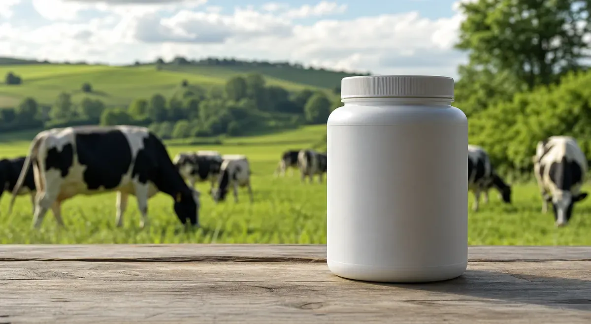 Pot de whey protéine bio devant une prairie où paissent des vaches laitières, évoquant l'élevage certifié