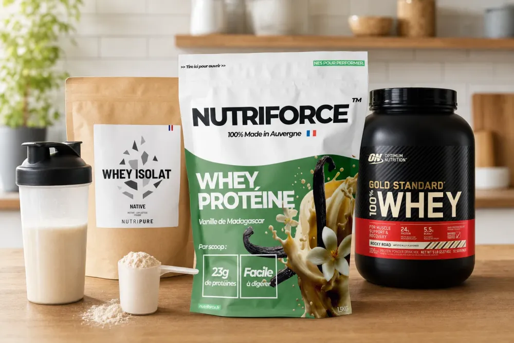 Comparatif meilleures whey 2026, pots Nutriforce, Nutripure et Optimum Nutrition côte à côte sur un plan de travail de cuisine