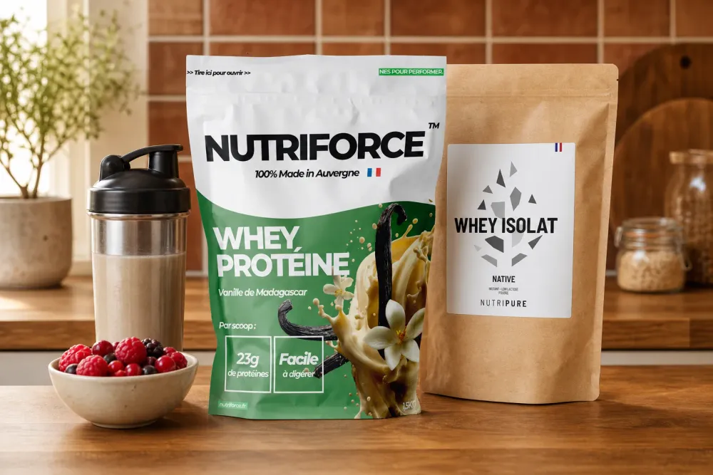 Meilleure whey pour femme 2026 : Nutriforce et Nutripure avec shaker et fruits rouges sur un plan de travail clair
