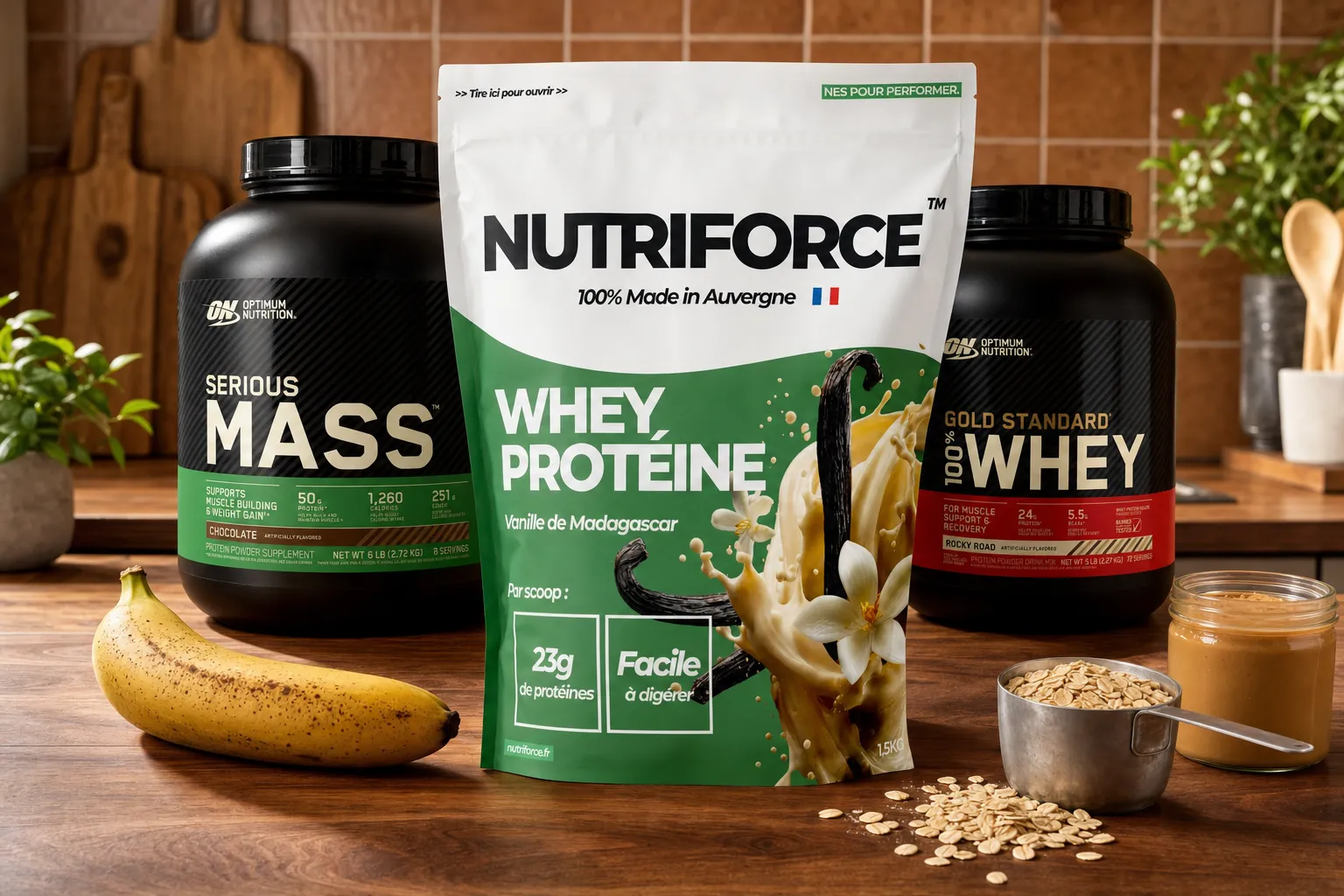 Meilleures whey prise de masse 2026 — Nutriforce, Optimum Serious Mass et Gold Standard avec banane, avoine et beurre de cacahuète