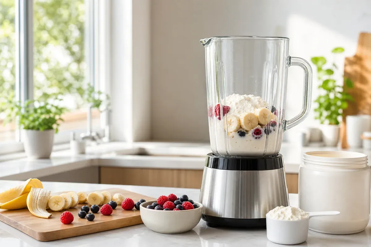 Ingrédients variés pour mélanger avec la whey : fruits, lait, flocons d'avoine