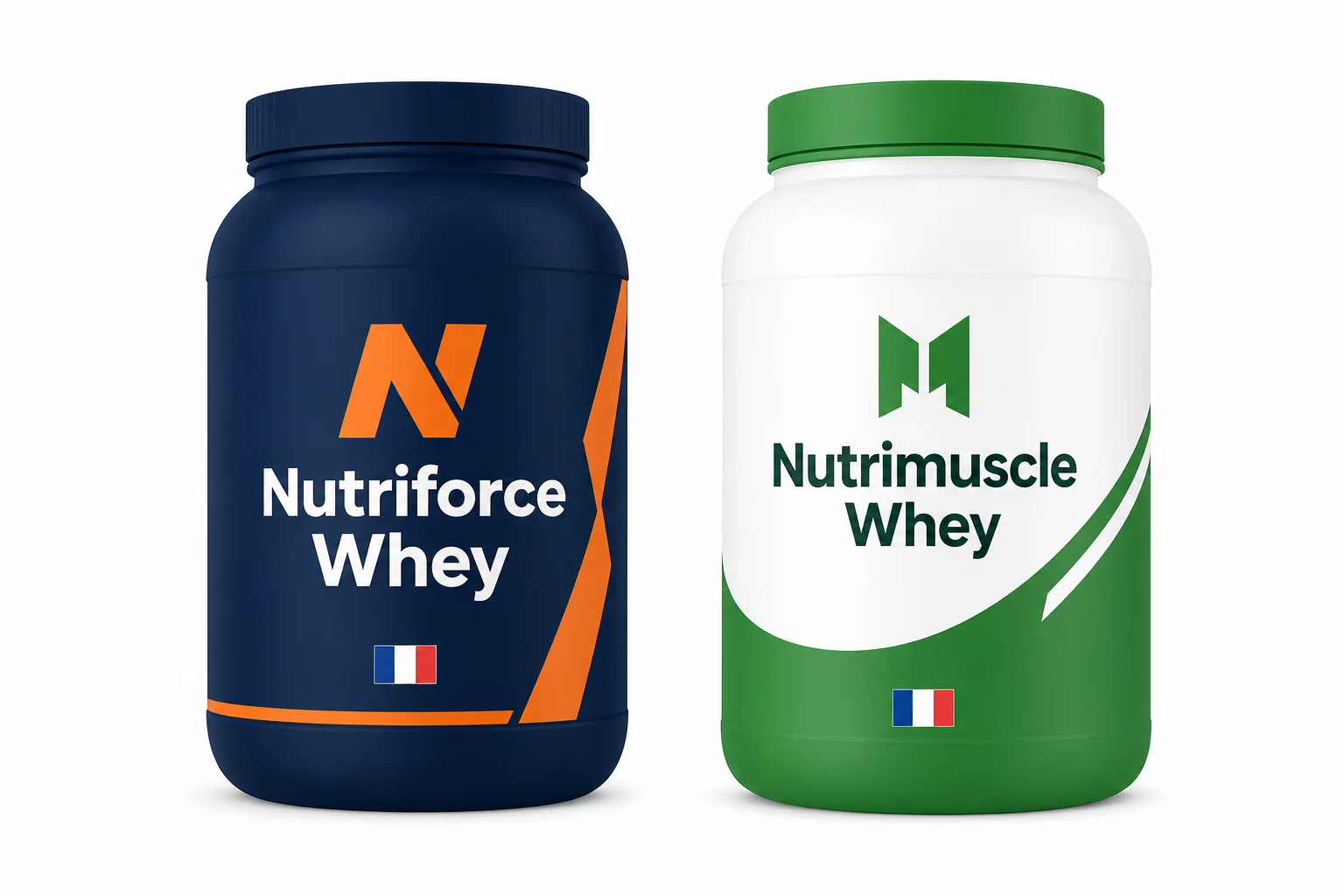 Deux tubs de whey française : Nutriforce bleu marine et orange à gauche, Nutrimuscle vert et blanc à droite