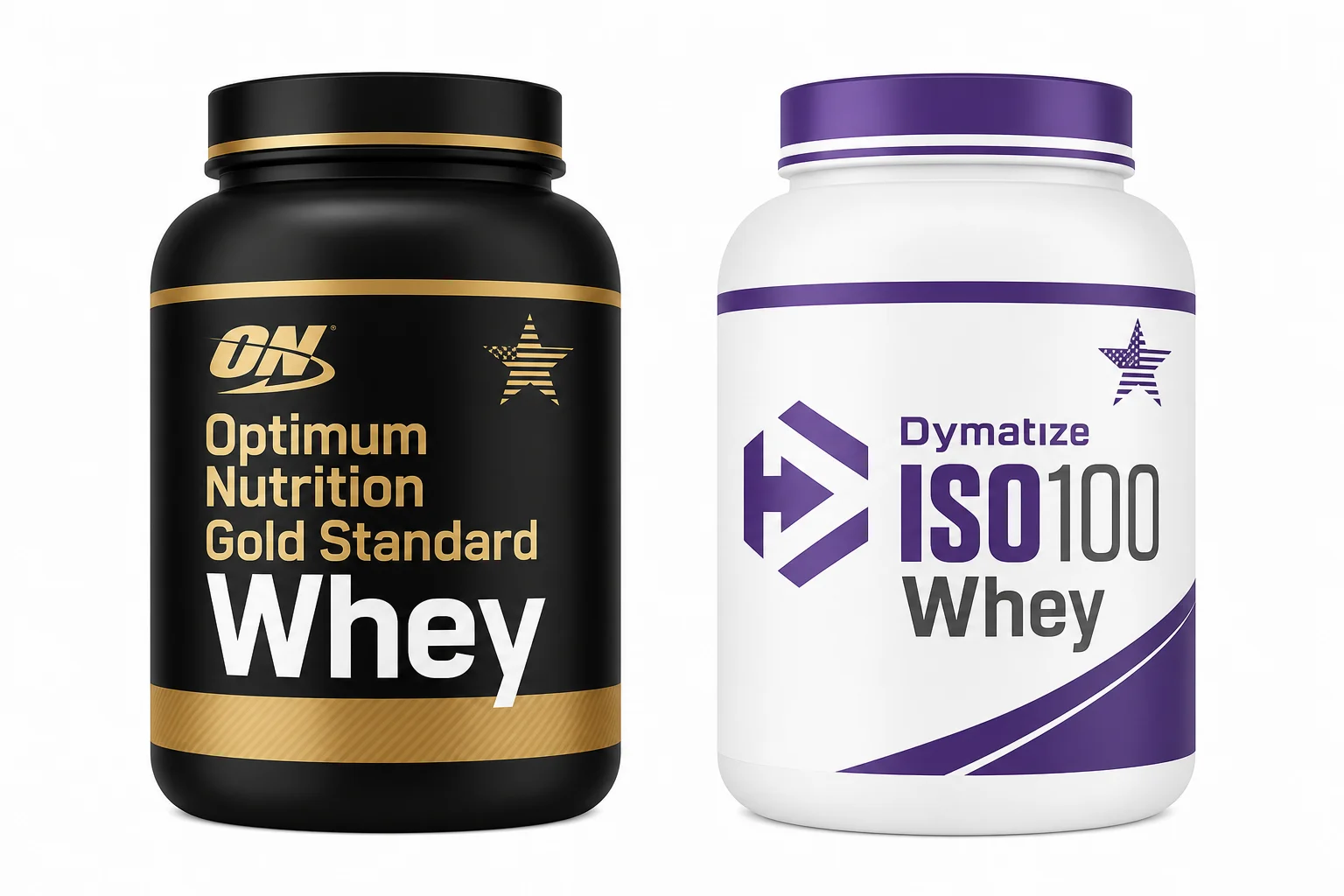 Deux tubs de whey américaine face à face : Optimum Nutrition noir et or à gauche, Dymatize blanc et violet à droite