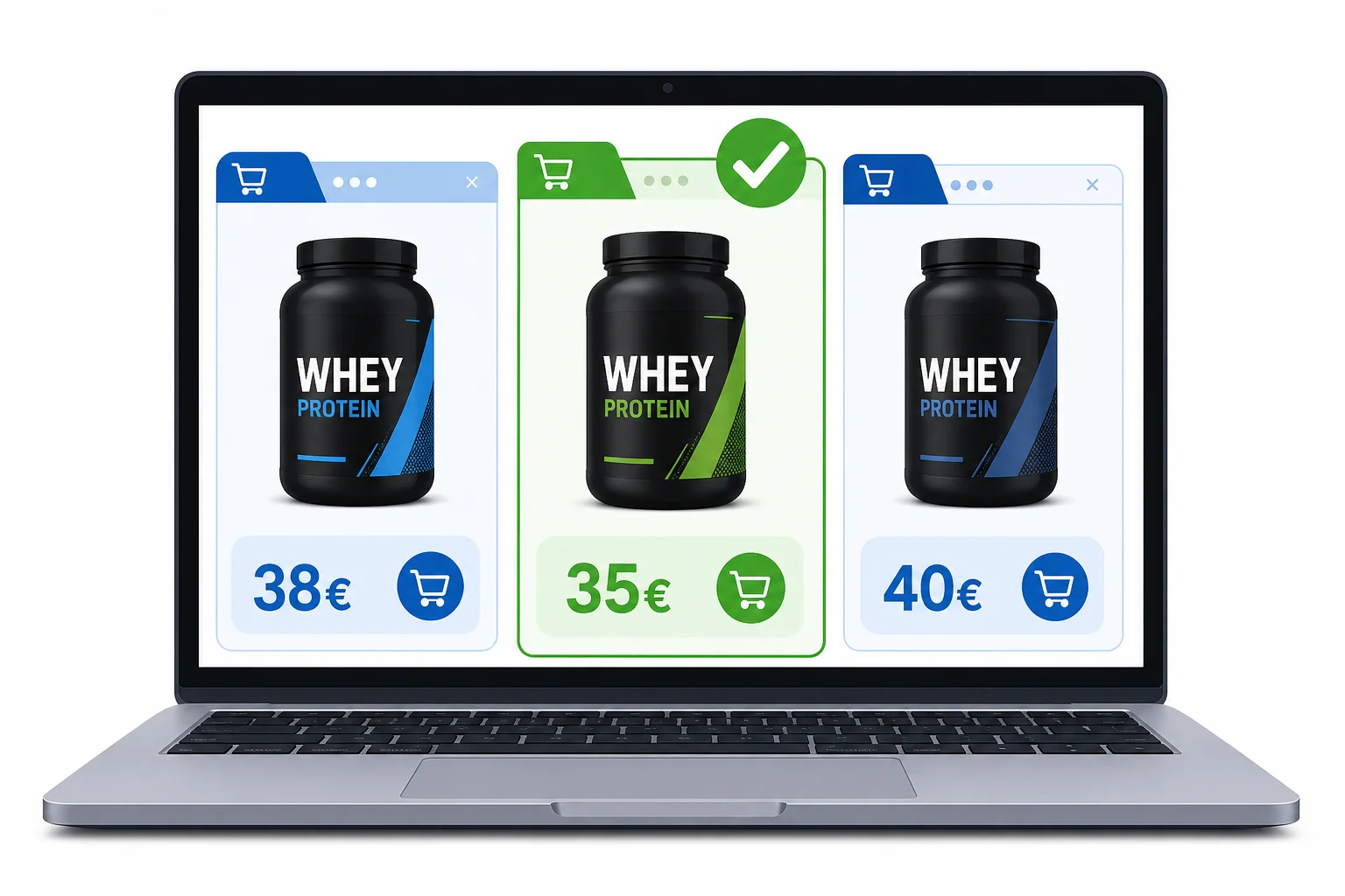 Comparatif des canaux d'achat de whey en ligne — sites officiels, revendeurs et marketplaces avec étiquettes de prix