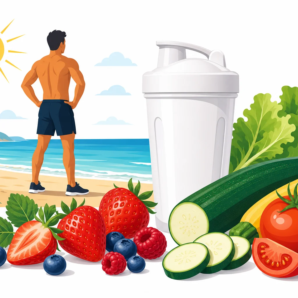 Silhouette athlétique sur fond de plage estival avec shaker de whey et légumes frais d'été pour préparer son corps