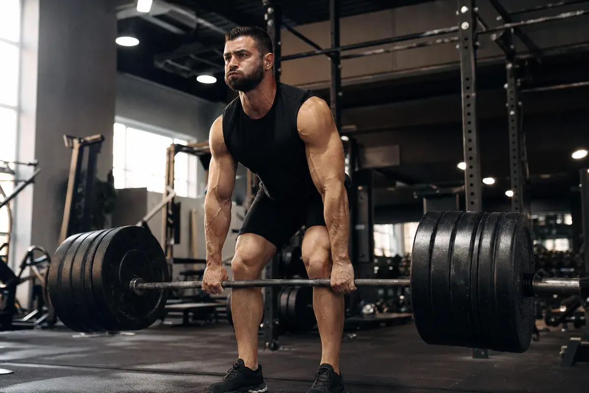 Homme à la salle de musculation soulevant une barre chargée en prise de masse — entraînement intensif pour développer le volume musculaire
