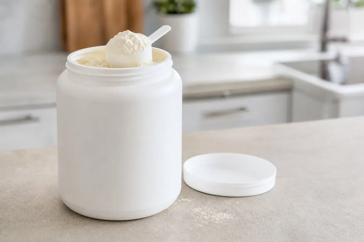 Pot de whey protéine en poudre — illustration pour le test de la Foodspring Whey Protein