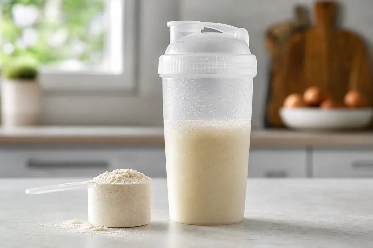 Préparation d'un shaker de whey, mélange rapide — illustration ; les whey isolate contiennent très peu de lactose résiduel