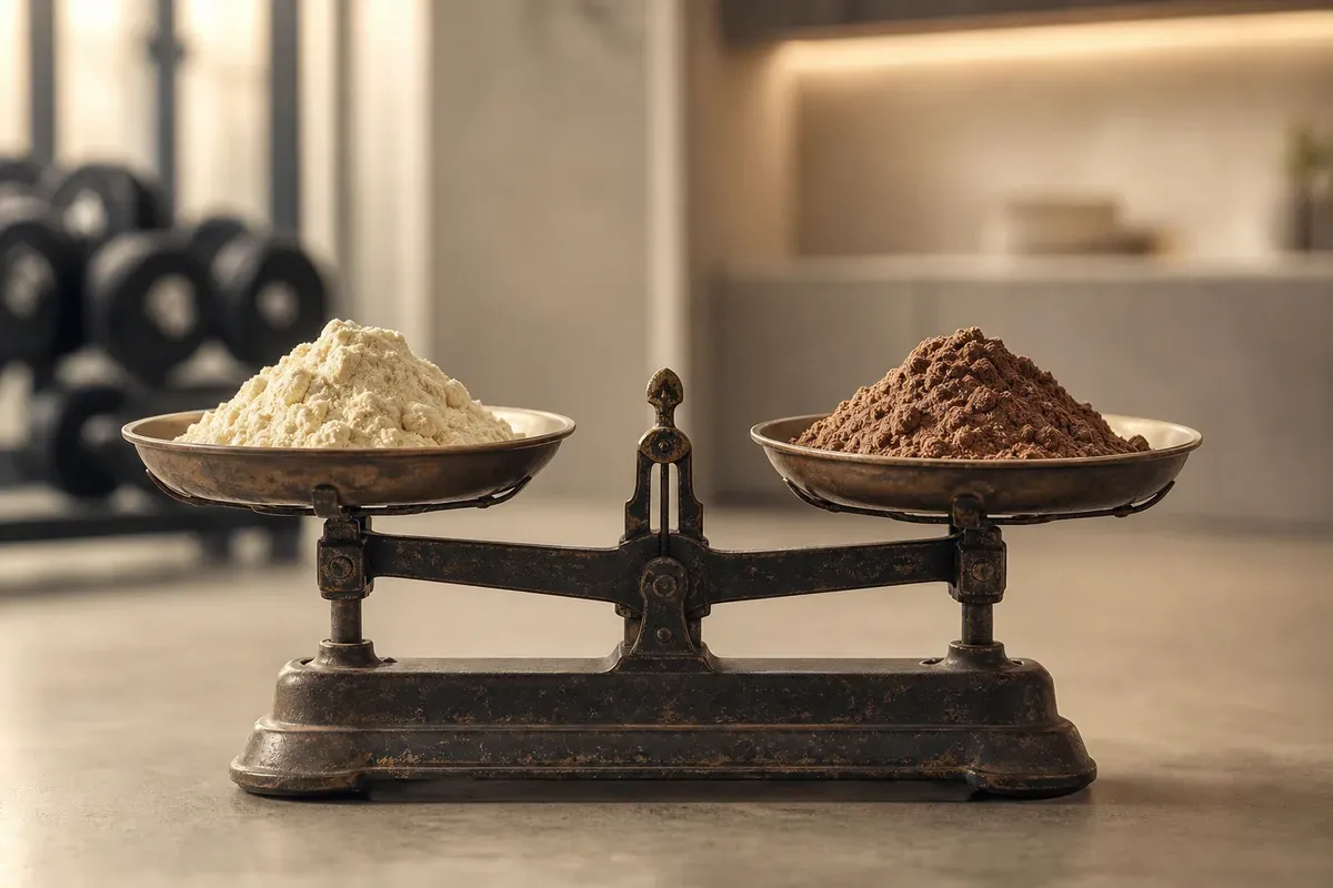 Balance à deux plateaux avec deux poudres de whey — illustration du comparatif Foodspring vs Myprotein
