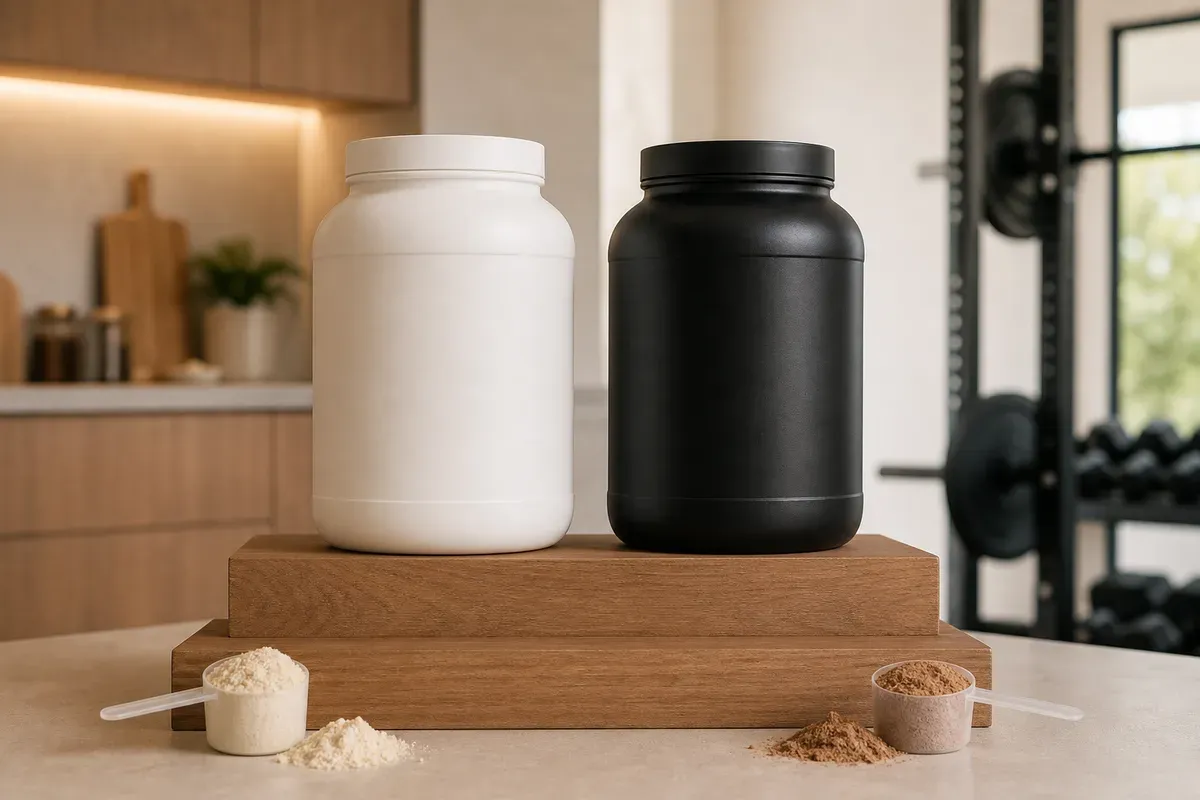 Deux pots de protéine sans étiquette sur un podium — illustration du comparatif Decathlon vs Nutriforce