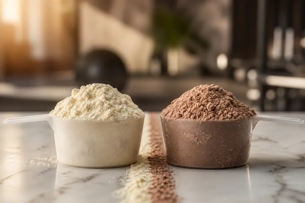 Deux dosettes de whey vanille et chocolat face à face — illustration du comparatif Optimum Nutrition vs Myprotein