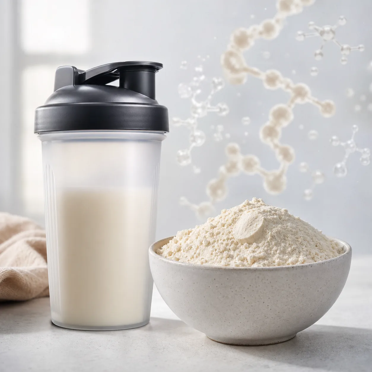 Whey hydrolysée en poudre avec schéma d'hydrolyse enzymatique — guide complet 2026