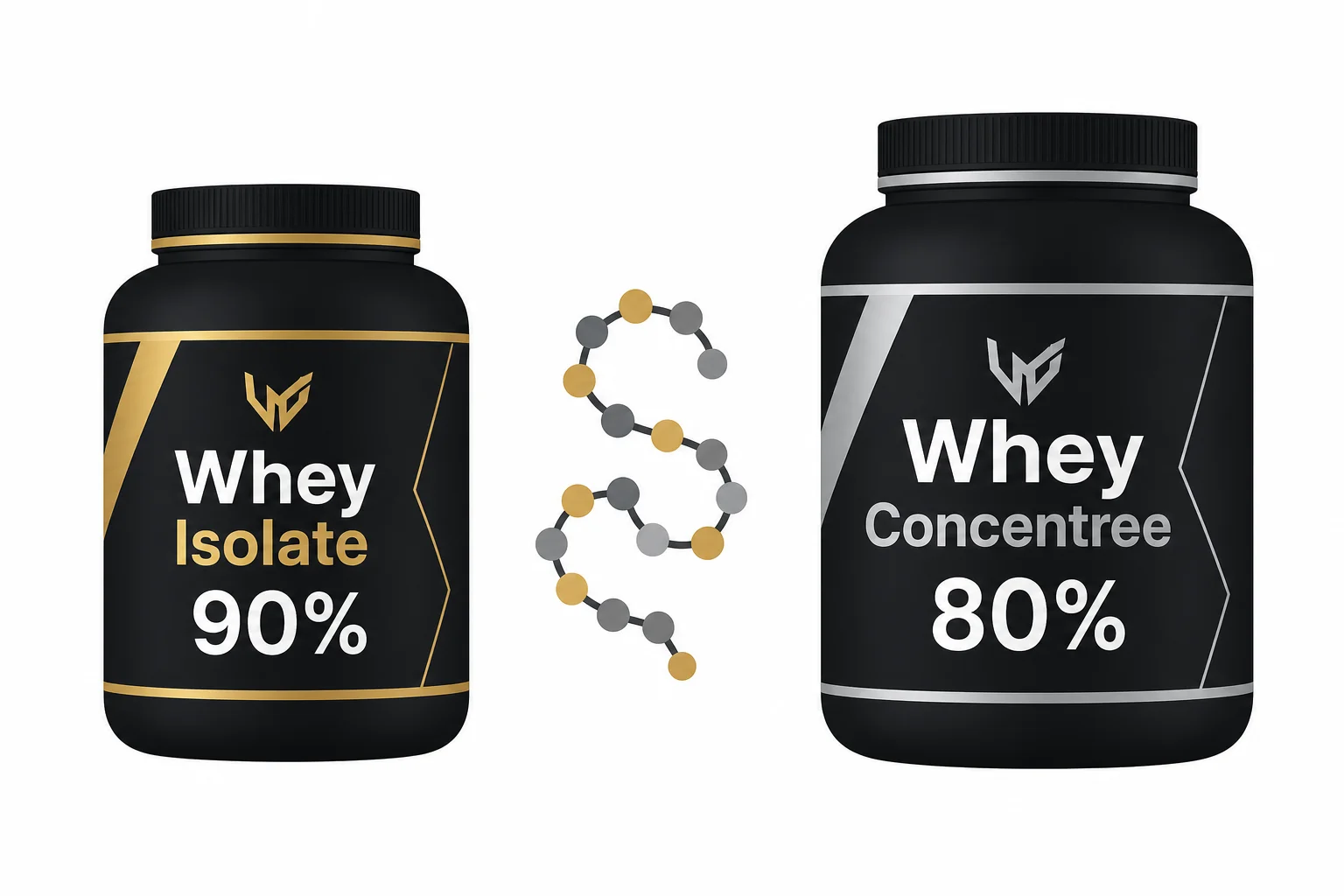 Whey isolate dorée en tub slim à gauche versus whey concentrée grise en tub plus large à droite, fond blanc épuré