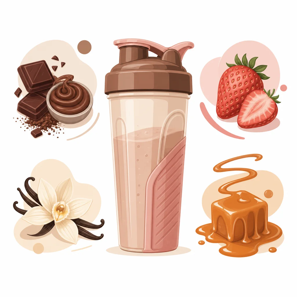 Shaker entouré d'icônes de saveurs whey : chocolat, fraise, vanille et caramel