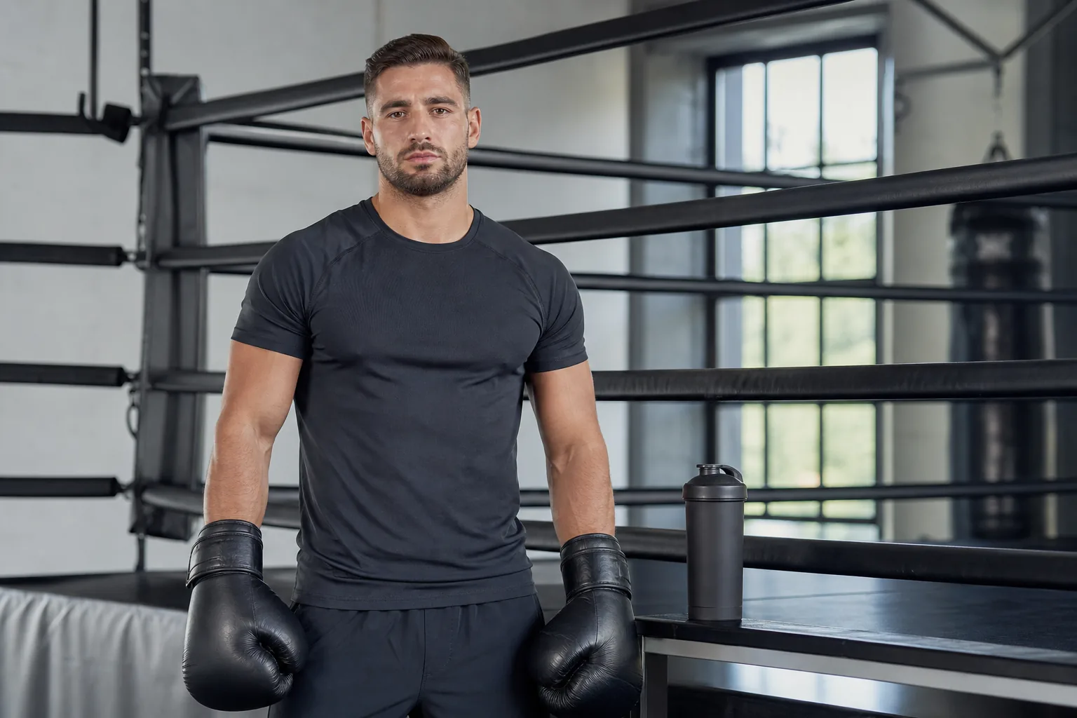 Boxeur en tenue noire avec gants de boxe devant un ring et shaker de protéines dans une salle professionnelle