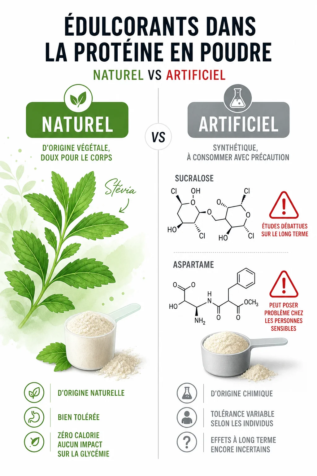 Comparaison édulcorants naturels (stévia) et artificiels (sucralose, aspartame) dans les protéines en poudre