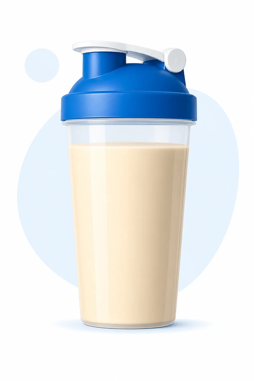 Shaker de boisson protéinée whey parfaitement mixée, sans mousse en surface — rendu lisse et crémeux