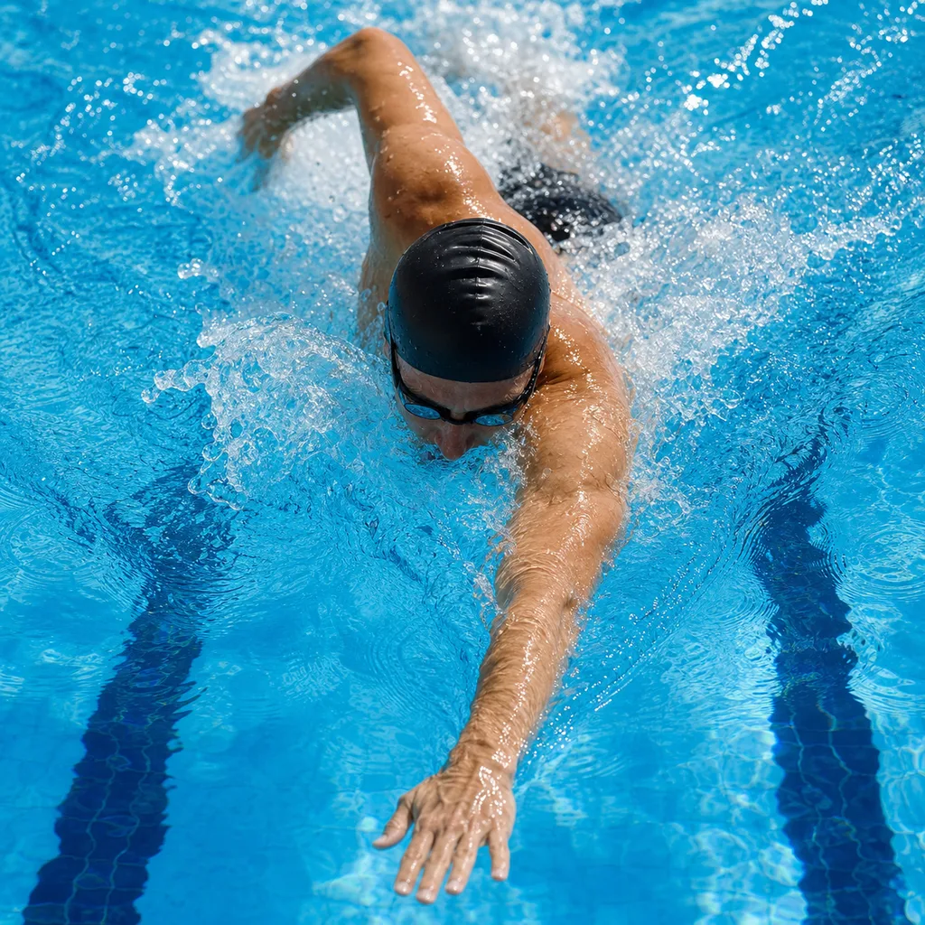 Nageur professionnel en plein crawl dans un couloir de piscine, eau bleue dynamique et éclaboussures