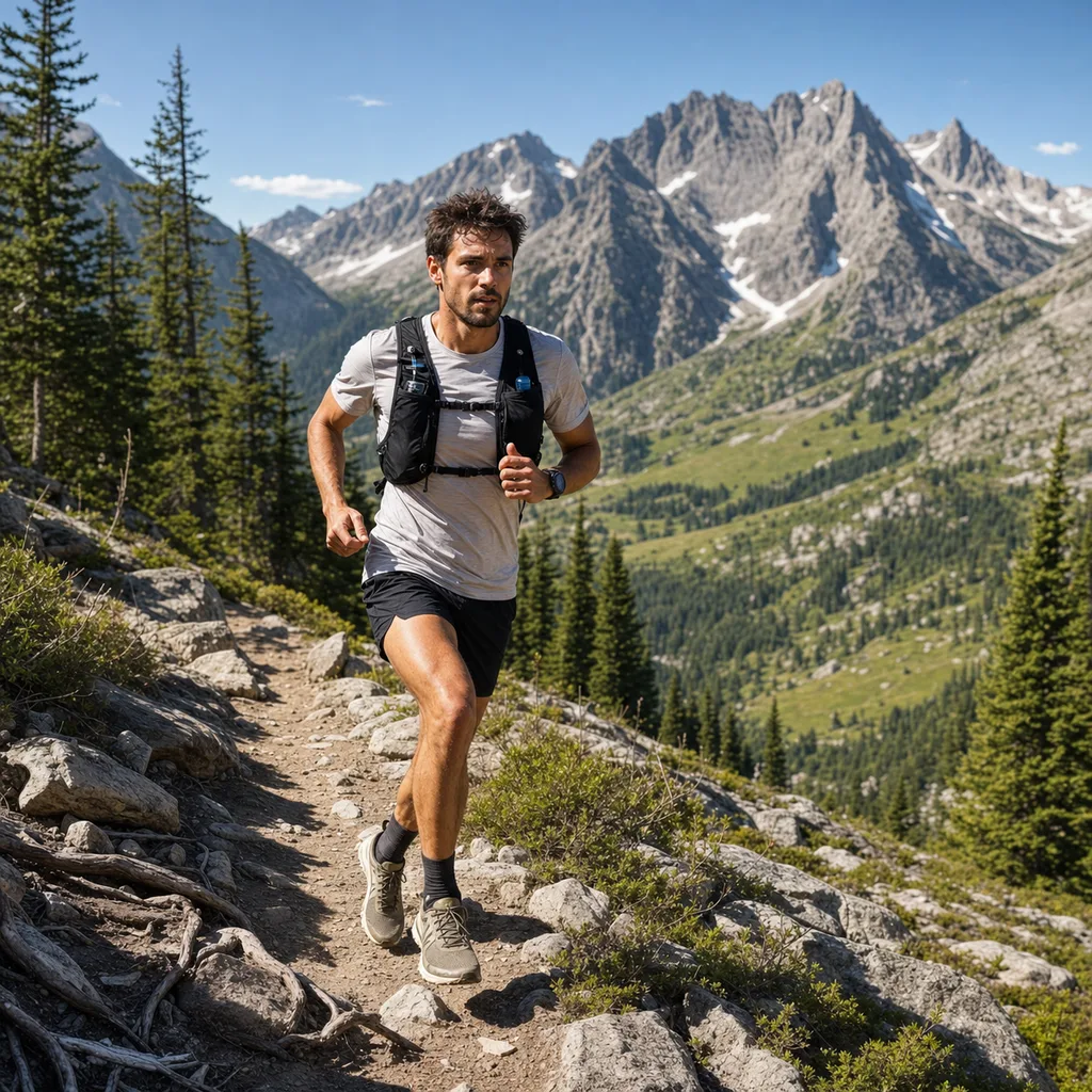 Coureur de trail en effort sur un sentier alpin rocheux, montagnes et forêt de pins en arrière-plan
